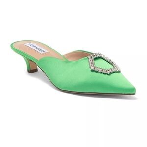 Steve Madden Green SATIN Party Kees Rhinestone Embellished Kitten Mule 6.5 Chic
